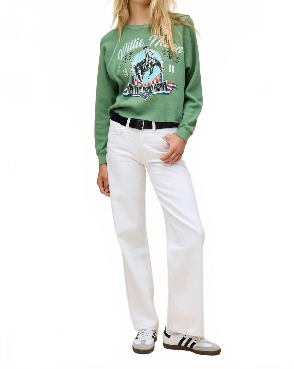 NEW DAYDREAMER willie nelson 1980 cowboy raglan thermal long sleeve tee in green